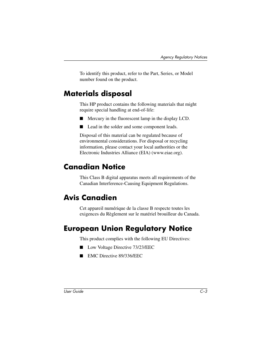 Materials disposal, Canadian notice, Avis canadien | European union regulatory notice | HP 1506 User Manual | Page 55 / 60