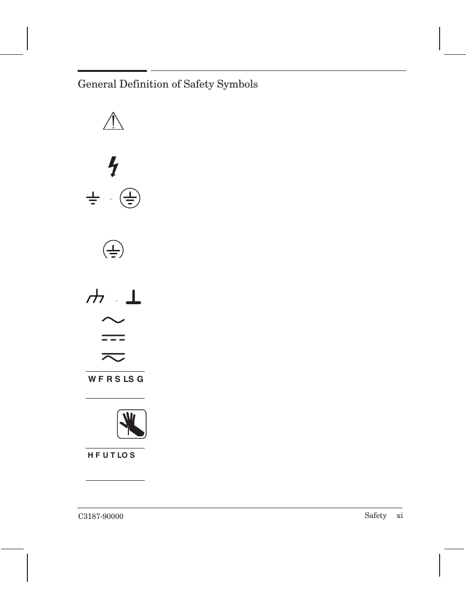 Safety symbols, General definition of safety symbols | HP 220 User Manual | Page 13 / 246