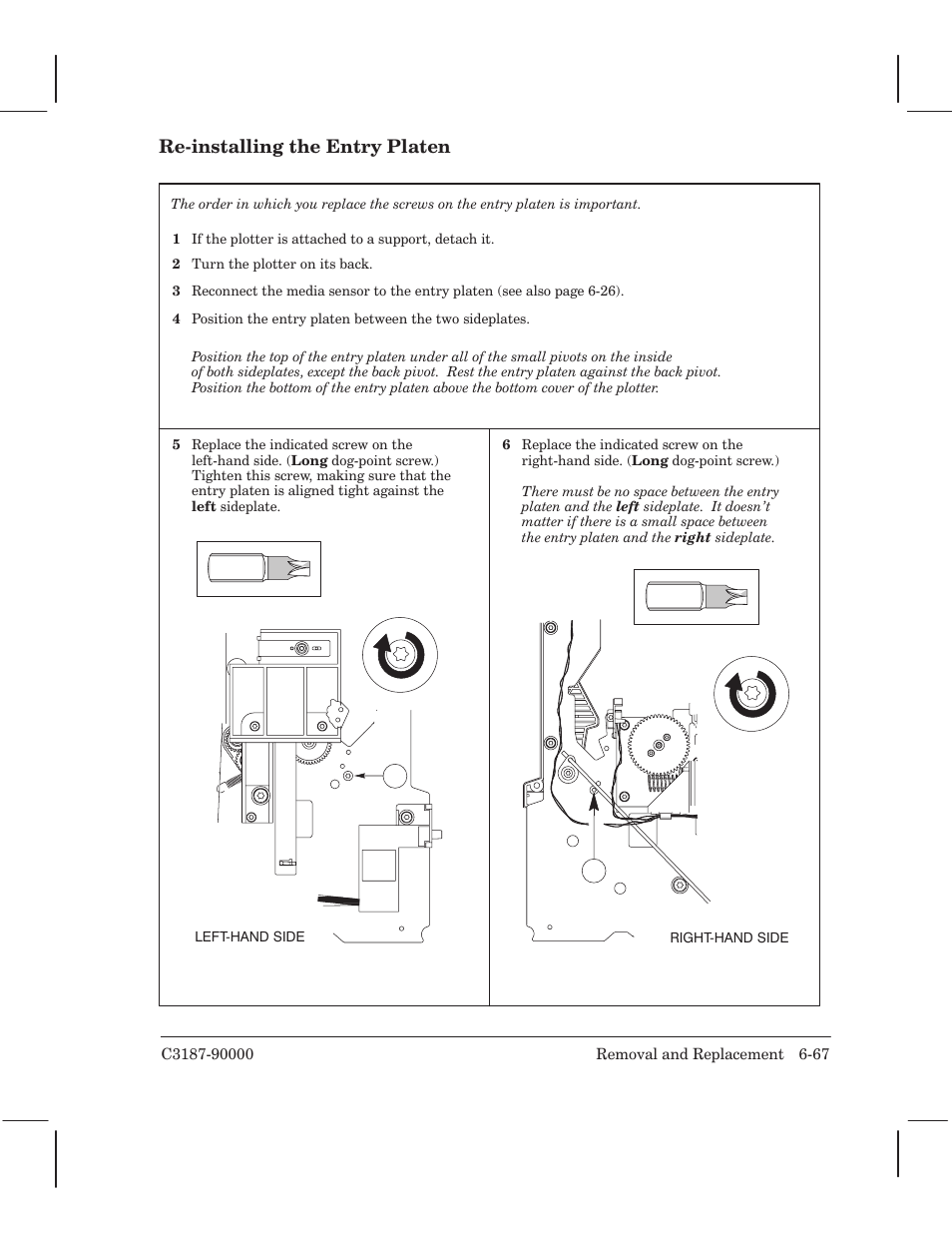 Rećinstalling the entry platen | HP 220 User Manual | Page 131 / 246