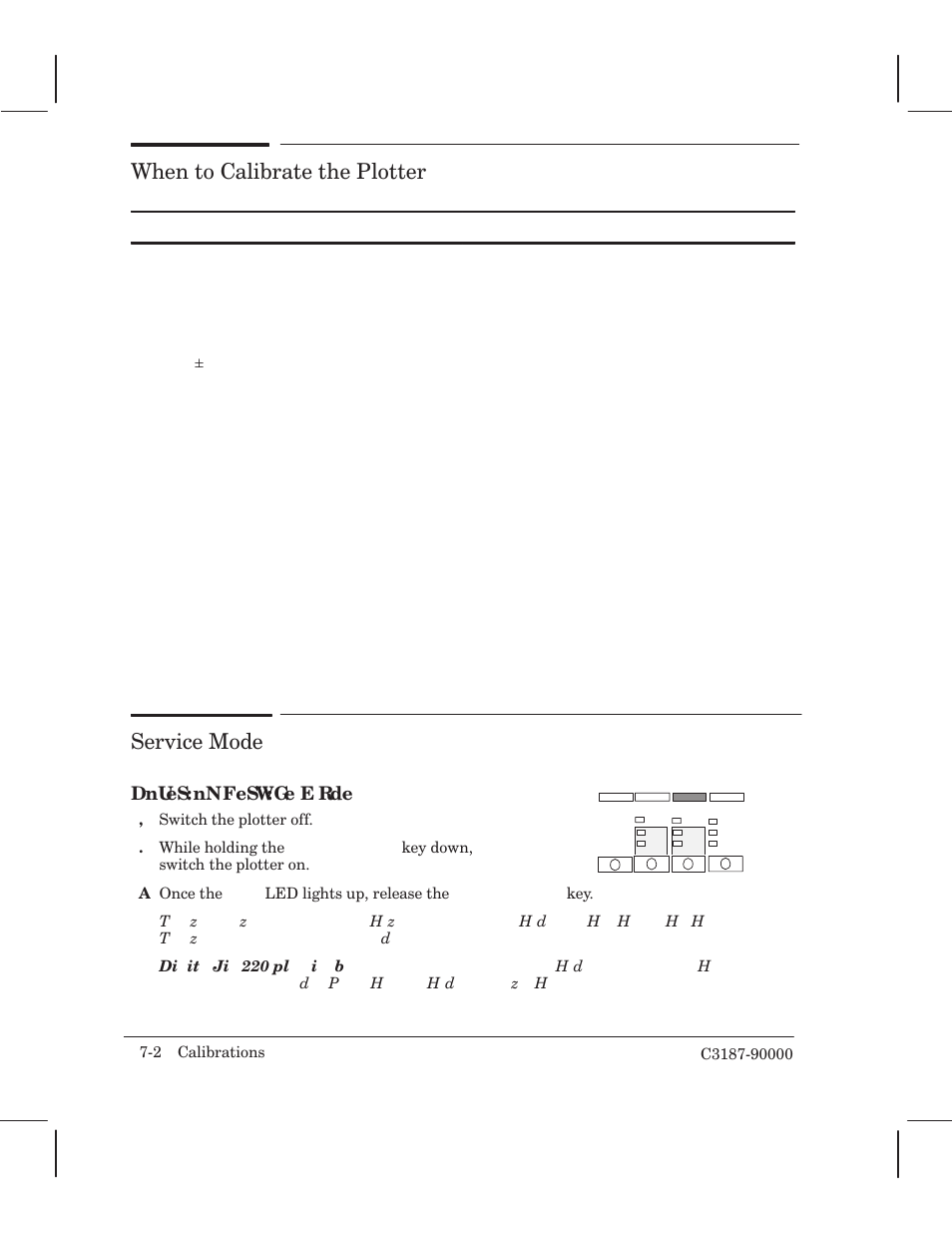 When tocalibrate the plotter, Service mode, Dnues:nn fesw:ge erde | HP 220 User Manual | Page 140 / 246
