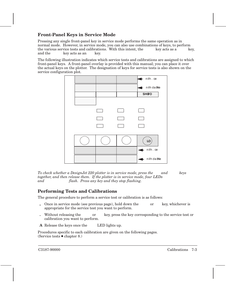 Frontćpanel keys in service mode, Performing tests and calibrations | HP 220 User Manual | Page 141 / 246