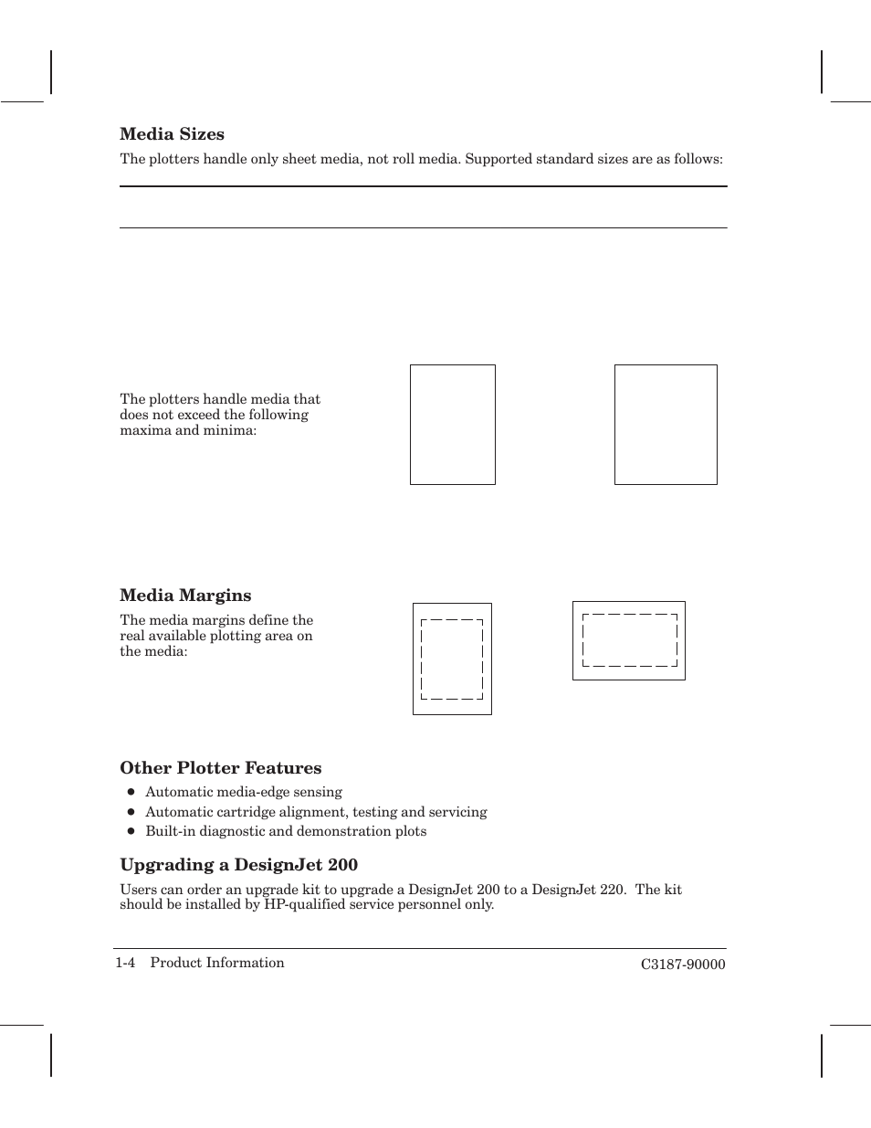 Media sizes, Media margins, Other plotter features | Upgrading a designjet 200 | HP 220 User Manual | Page 18 / 246