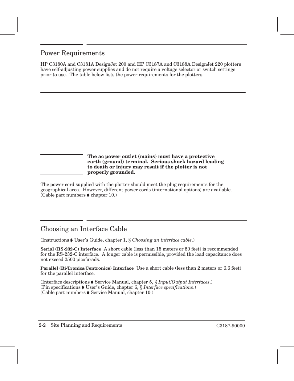 Power requirements, Choosing an interface cable | HP 220 User Manual | Page 20 / 246