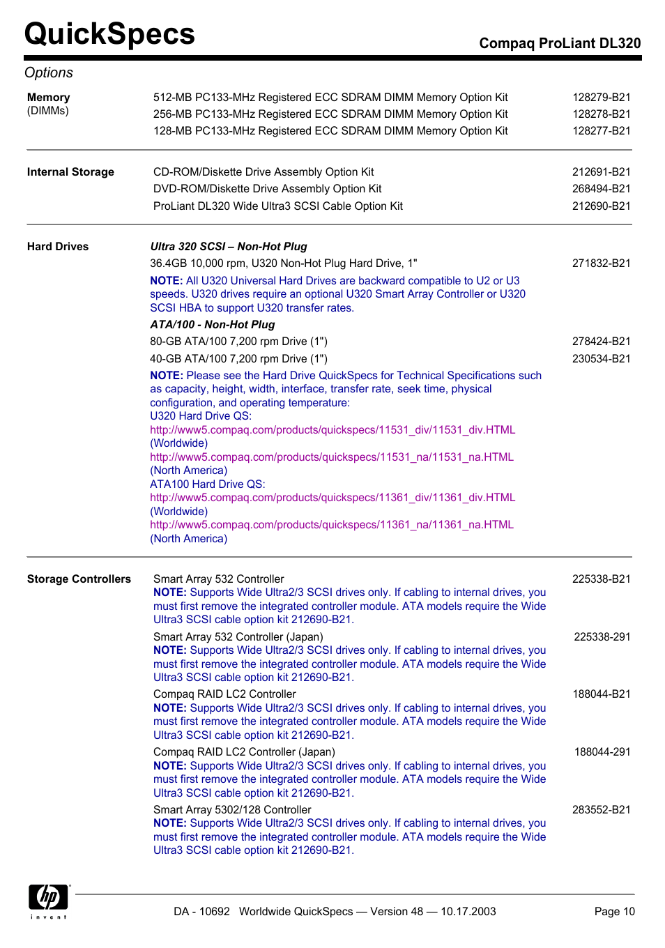 Quickspecs, Compaq proliant dl320 options | HP COMPAQ PROLIANT DL320 User Manual | Page 10 / 37