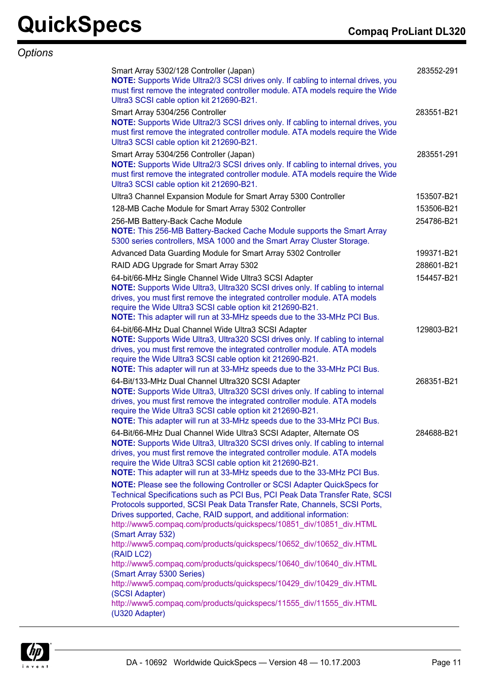 Quickspecs, Compaq proliant dl320 options | HP COMPAQ PROLIANT DL320 User Manual | Page 11 / 37