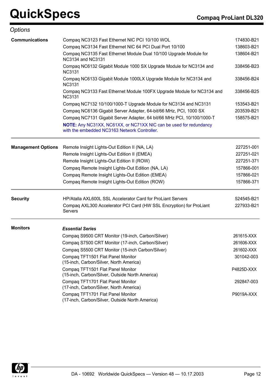 Quickspecs, Compaq proliant dl320 options | HP COMPAQ PROLIANT DL320 User Manual | Page 12 / 37