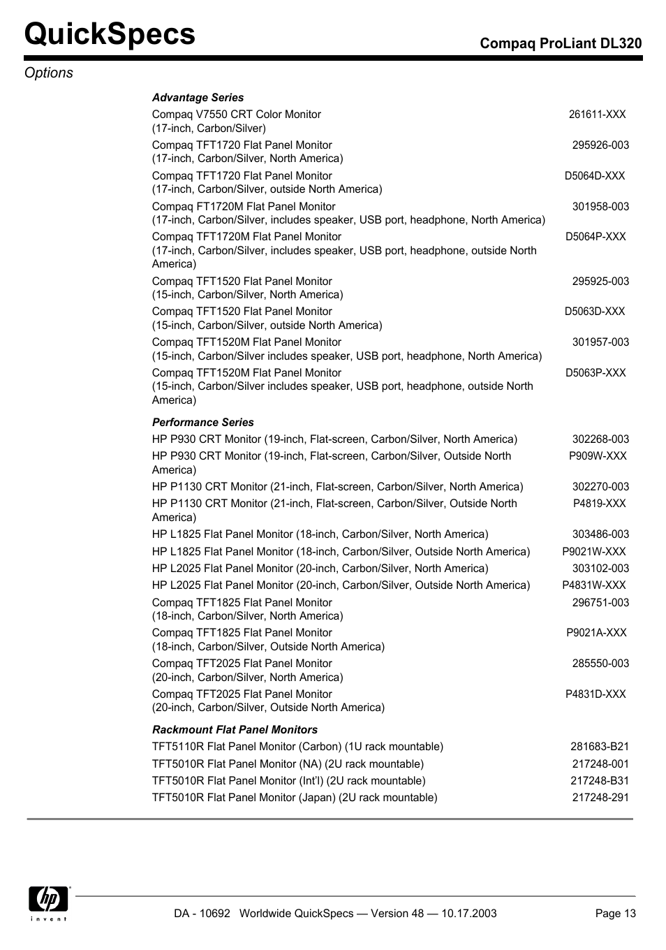 Quickspecs, Compaq proliant dl320 options | HP COMPAQ PROLIANT DL320 User Manual | Page 13 / 37