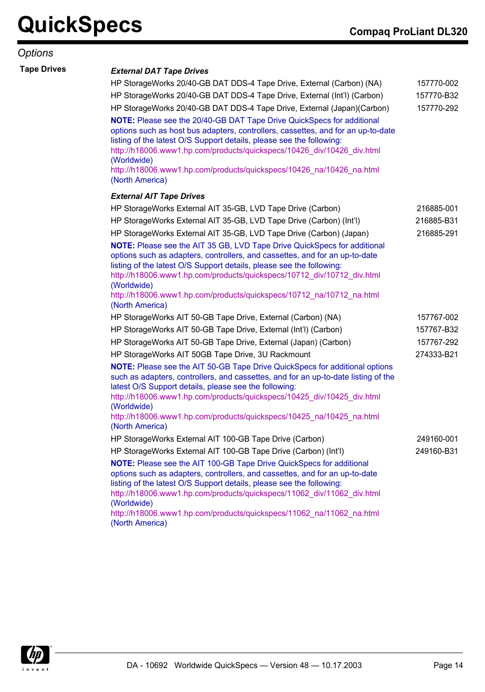 Quickspecs, Compaq proliant dl320 options | HP COMPAQ PROLIANT DL320 User Manual | Page 14 / 37