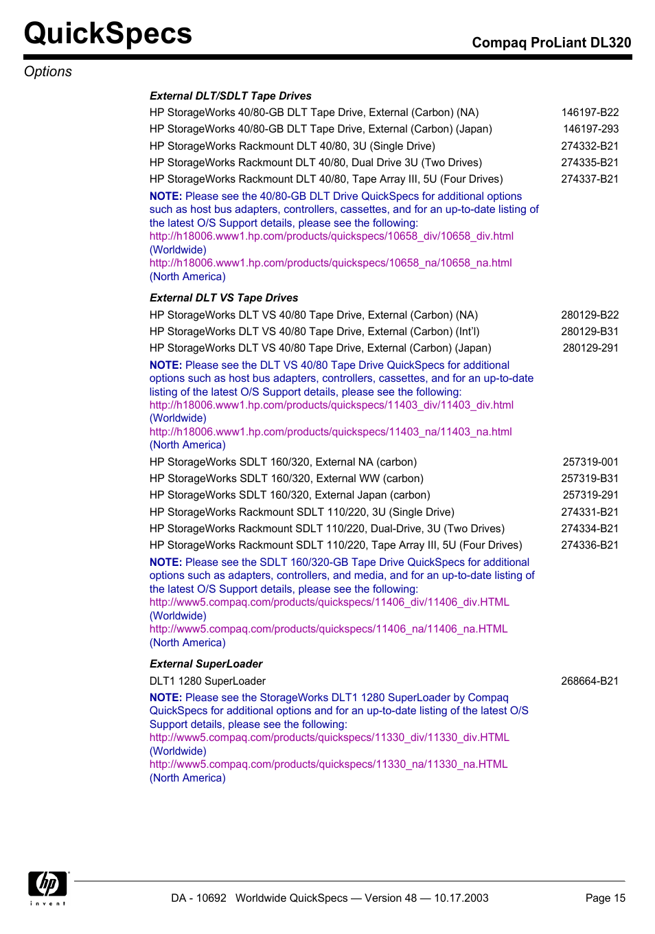 Quickspecs, Compaq proliant dl320 options | HP COMPAQ PROLIANT DL320 User Manual | Page 15 / 37