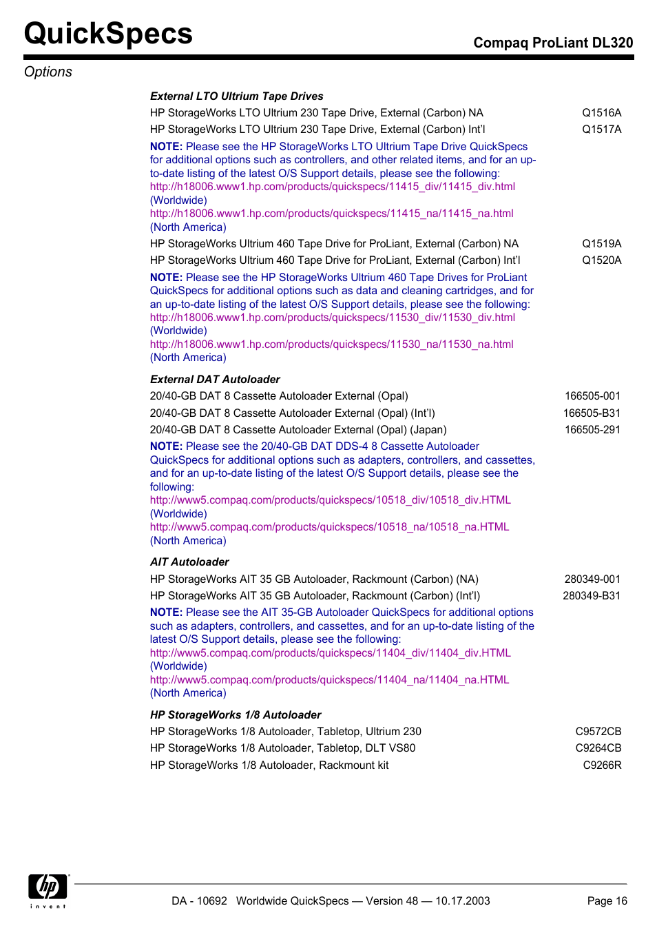 Quickspecs, Compaq proliant dl320 options | HP COMPAQ PROLIANT DL320 User Manual | Page 16 / 37