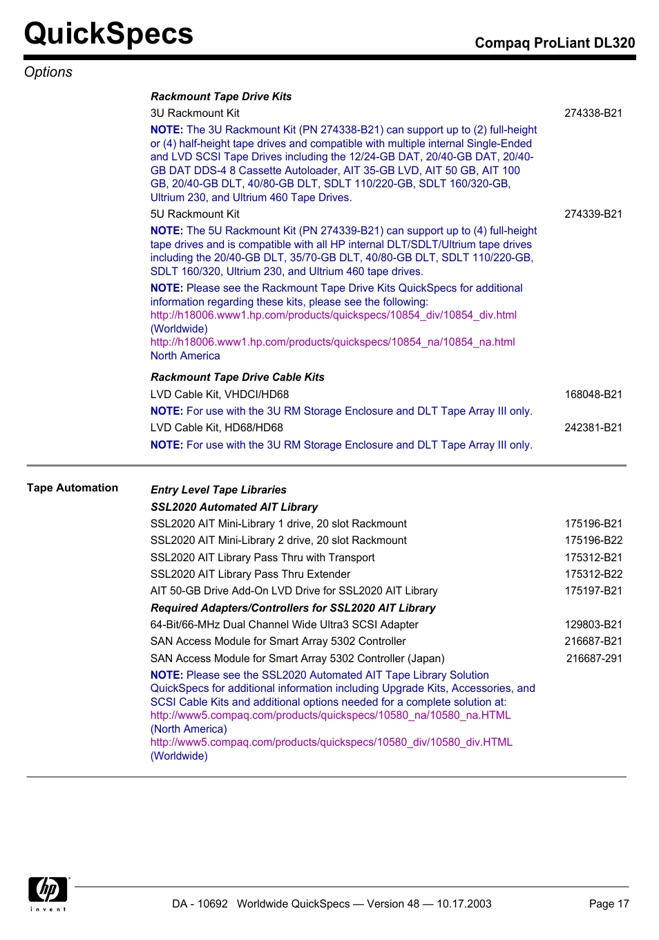 Quickspecs, Compaq proliant dl320 options | HP COMPAQ PROLIANT DL320 User Manual | Page 17 / 37