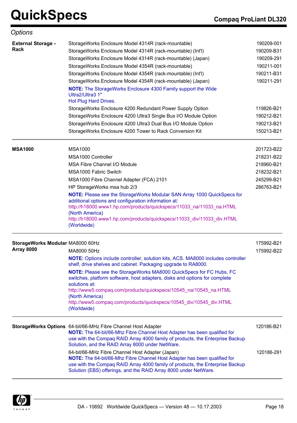 Quickspecs, Compaq proliant dl320 options | HP COMPAQ PROLIANT DL320 User Manual | Page 18 / 37