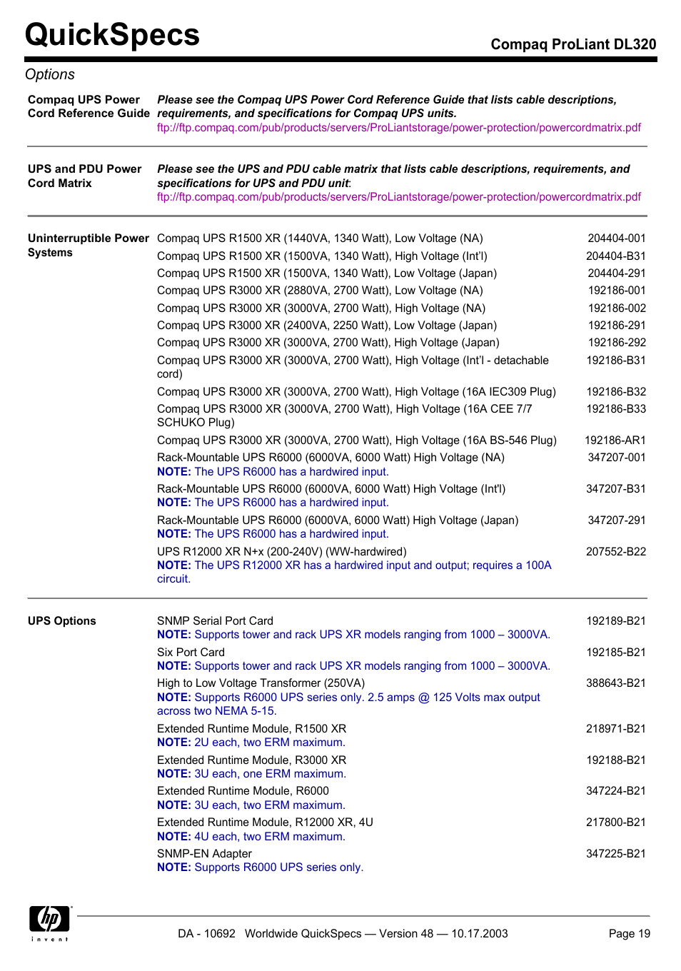 Quickspecs, Compaq proliant dl320 options | HP COMPAQ PROLIANT DL320 User Manual | Page 19 / 37