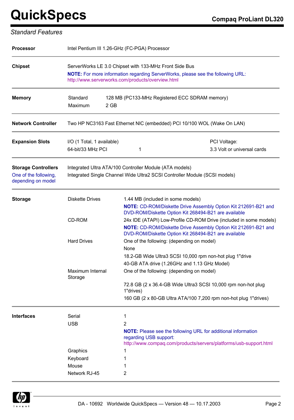 Standard features, Quickspecs, Compaq proliant dl320 standard features | HP COMPAQ PROLIANT DL320 User Manual | Page 2 / 37