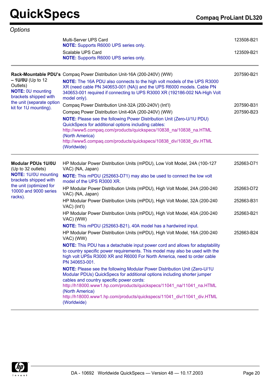 Quickspecs, Compaq proliant dl320 options | HP COMPAQ PROLIANT DL320 User Manual | Page 20 / 37