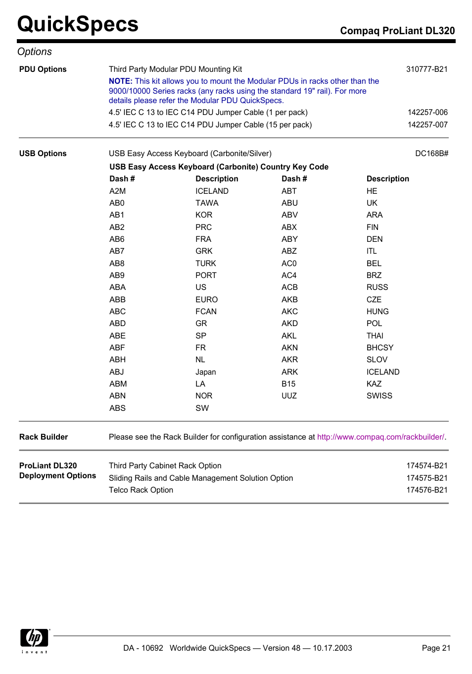 Quickspecs, Compaq proliant dl320 options | HP COMPAQ PROLIANT DL320 User Manual | Page 21 / 37