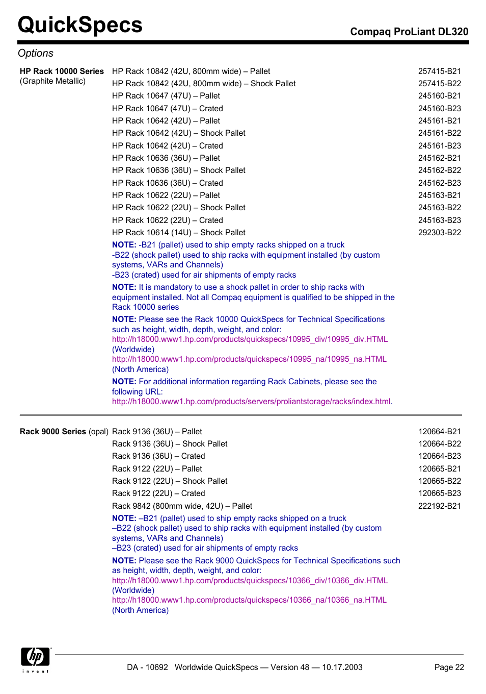 Quickspecs, Compaq proliant dl320 options | HP COMPAQ PROLIANT DL320 User Manual | Page 22 / 37