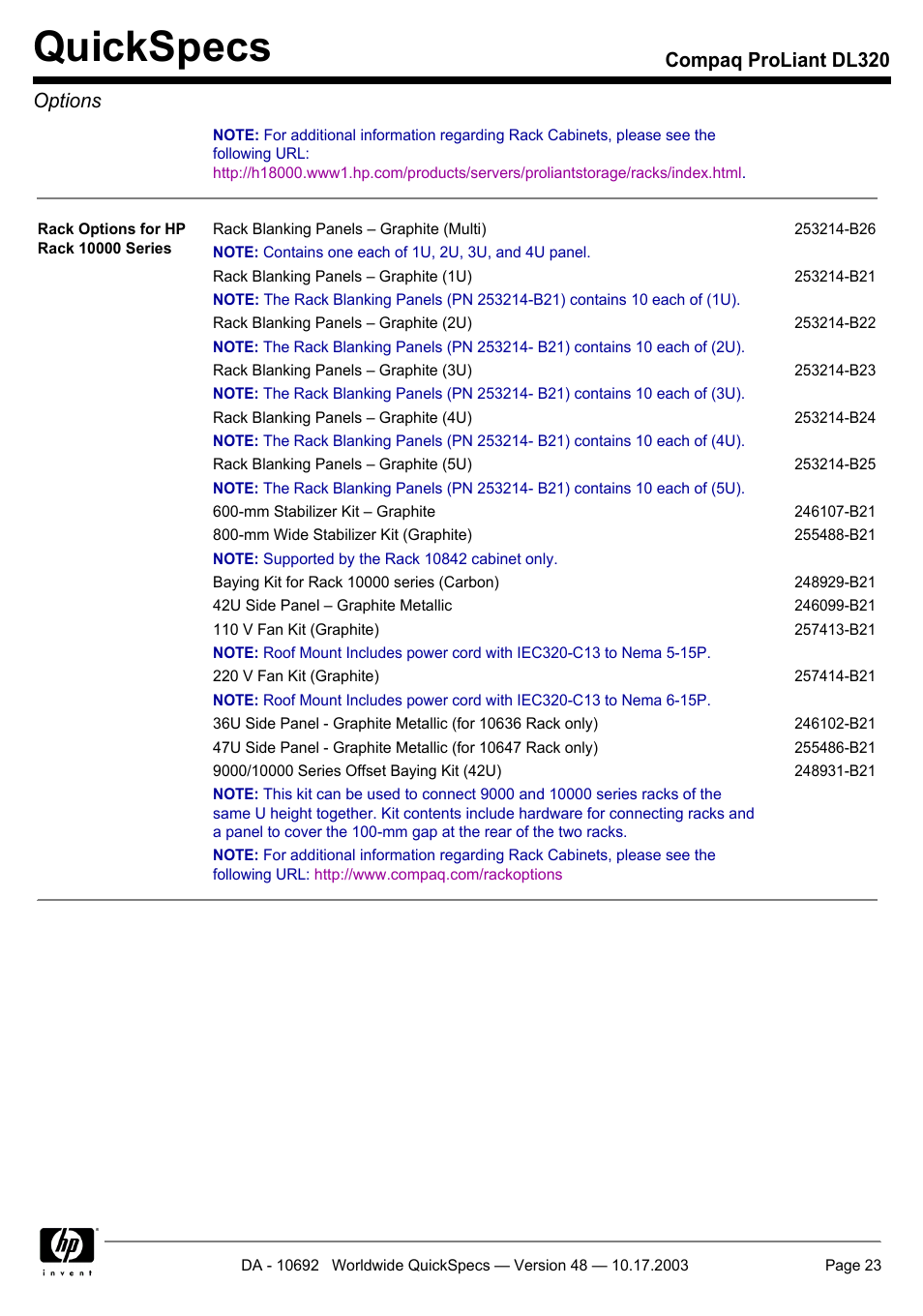 Quickspecs, Compaq proliant dl320 options | HP COMPAQ PROLIANT DL320 User Manual | Page 23 / 37