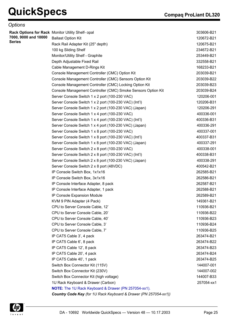 Quickspecs, Compaq proliant dl320 options | HP COMPAQ PROLIANT DL320 User Manual | Page 25 / 37
