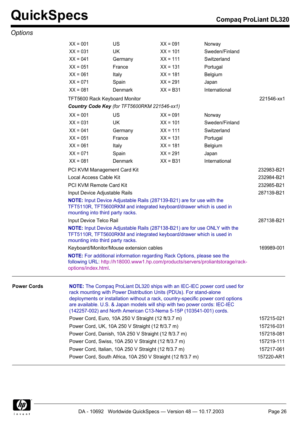 Quickspecs, Compaq proliant dl320 options | HP COMPAQ PROLIANT DL320 User Manual | Page 26 / 37