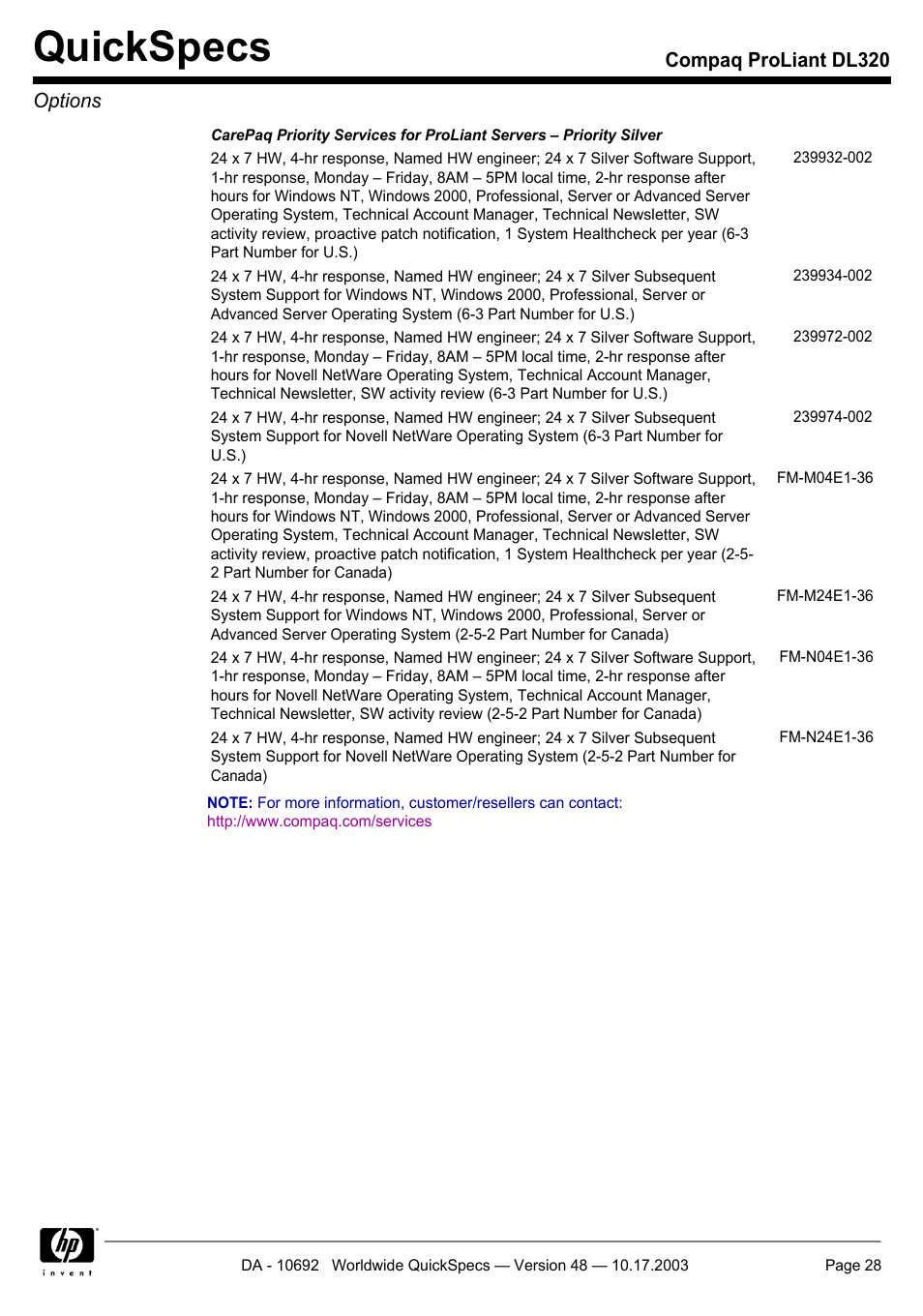 Quickspecs, Compaq proliant dl320 options | HP COMPAQ PROLIANT DL320 User Manual | Page 28 / 37
