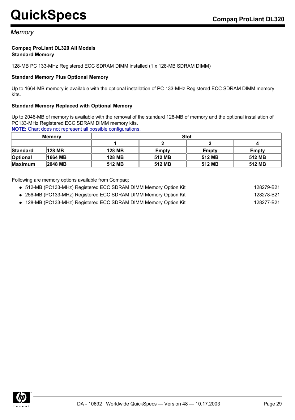 Memory, Quickspecs | HP COMPAQ PROLIANT DL320 User Manual | Page 29 / 37