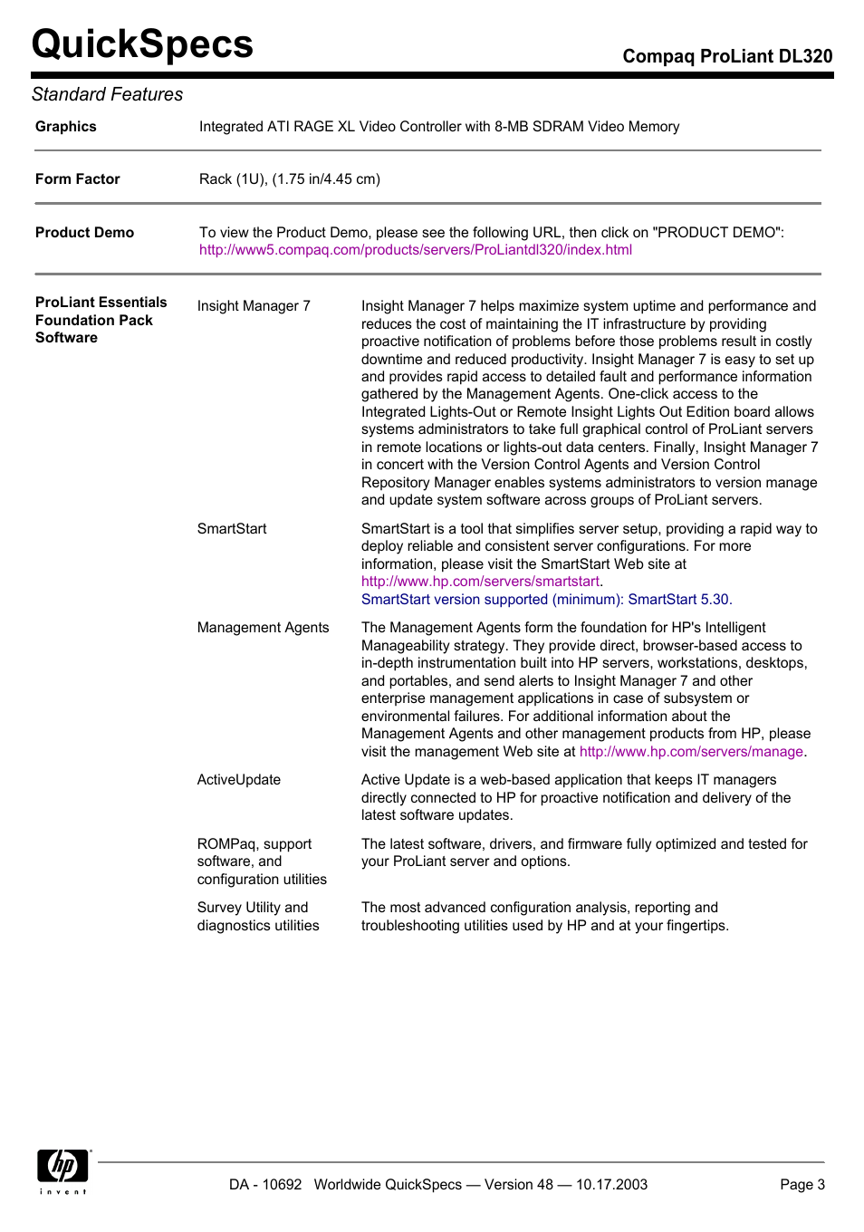 Quickspecs, Compaq proliant dl320 standard features | HP COMPAQ PROLIANT DL320 User Manual | Page 3 / 37