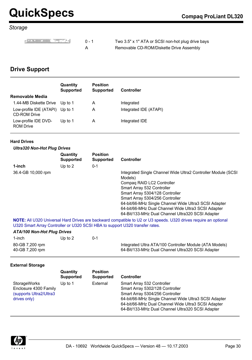 Storage, Quickspecs, Drive support | Compaq proliant dl320 storage | HP COMPAQ PROLIANT DL320 User Manual | Page 30 / 37