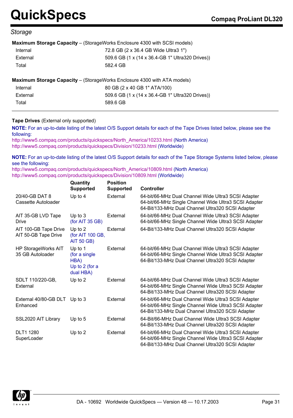 Quickspecs, Compaq proliant dl320 storage | HP COMPAQ PROLIANT DL320 User Manual | Page 31 / 37