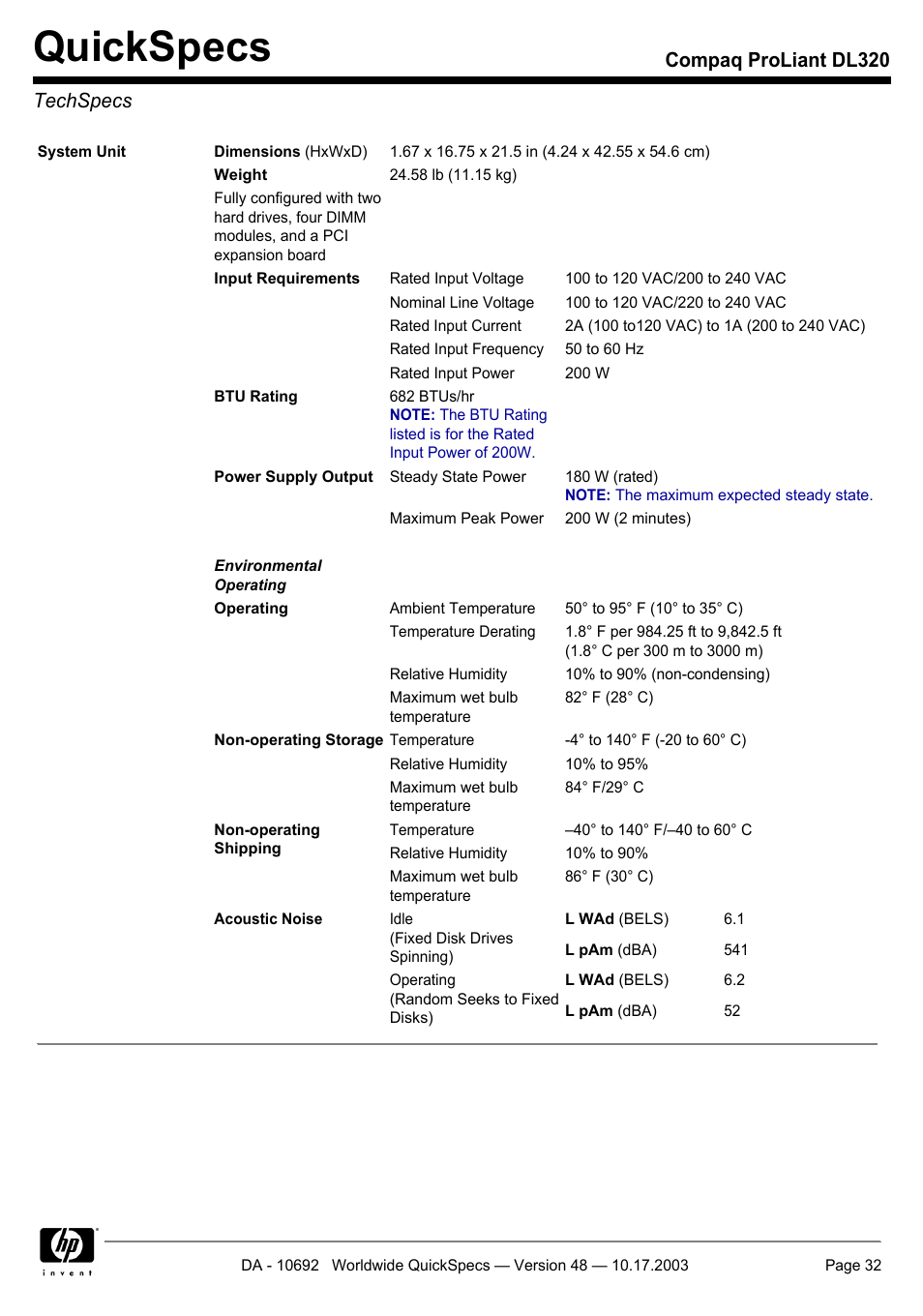 Techspecs, Quickspecs, Compaq proliant dl320 techspecs | HP COMPAQ PROLIANT DL320 User Manual | Page 32 / 37