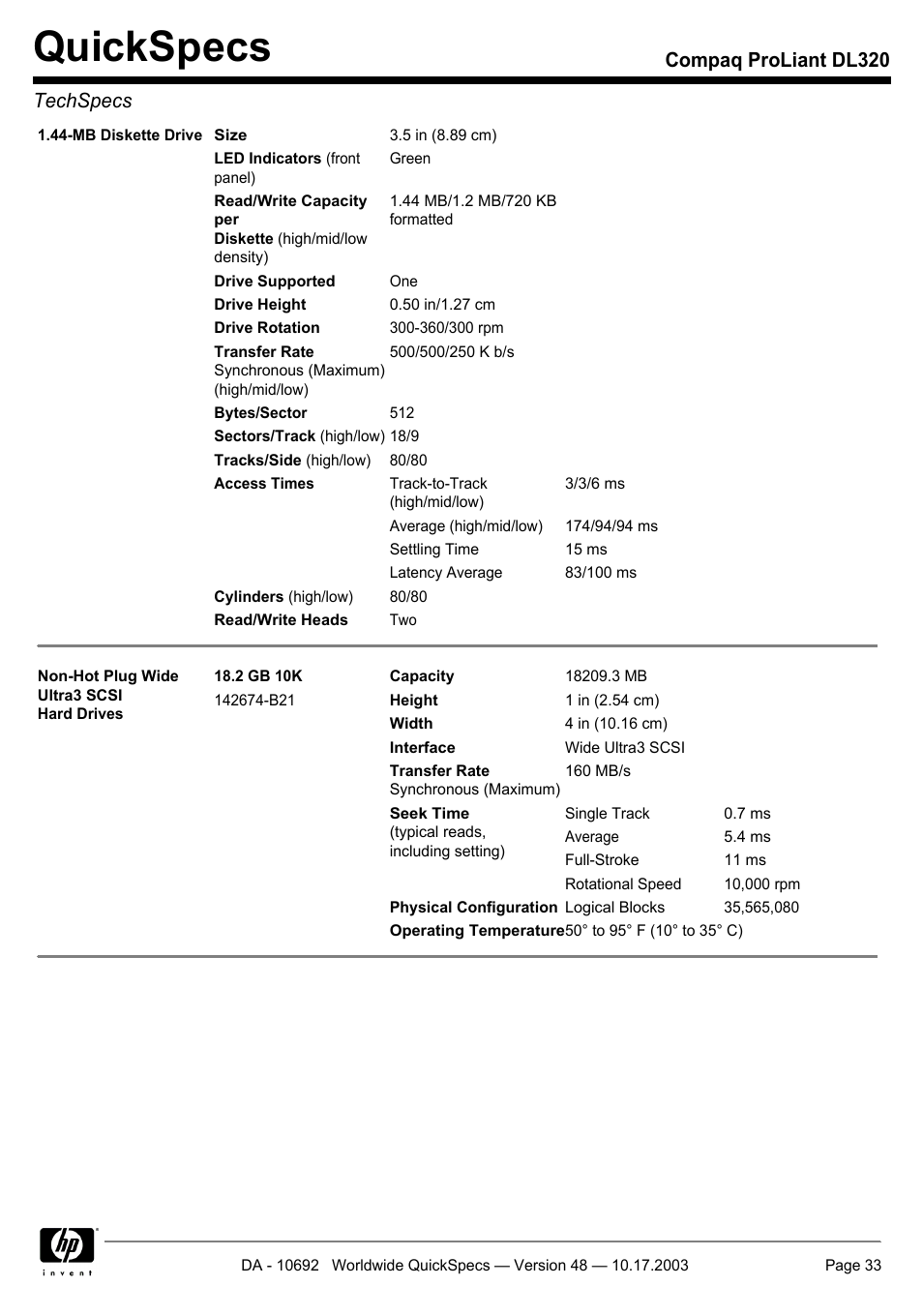 Quickspecs, Compaq proliant dl320 techspecs | HP COMPAQ PROLIANT DL320 User Manual | Page 33 / 37