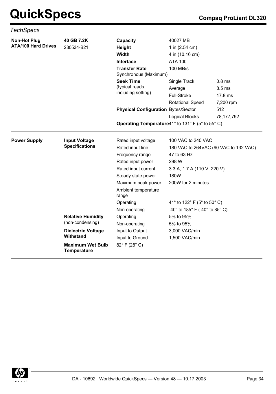 Quickspecs, Compaq proliant dl320 techspecs | HP COMPAQ PROLIANT DL320 User Manual | Page 34 / 37