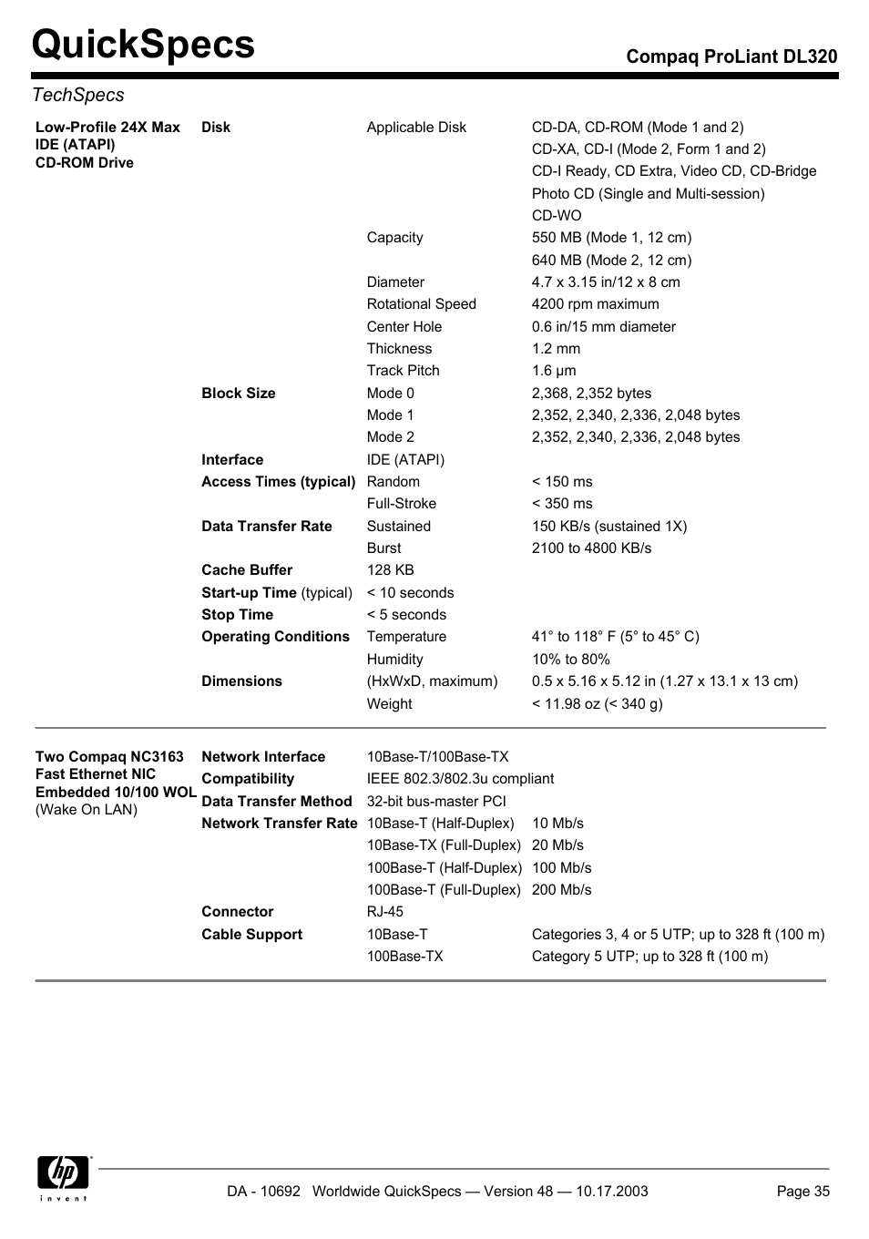 Quickspecs, Compaq proliant dl320 techspecs | HP COMPAQ PROLIANT DL320 User Manual | Page 35 / 37