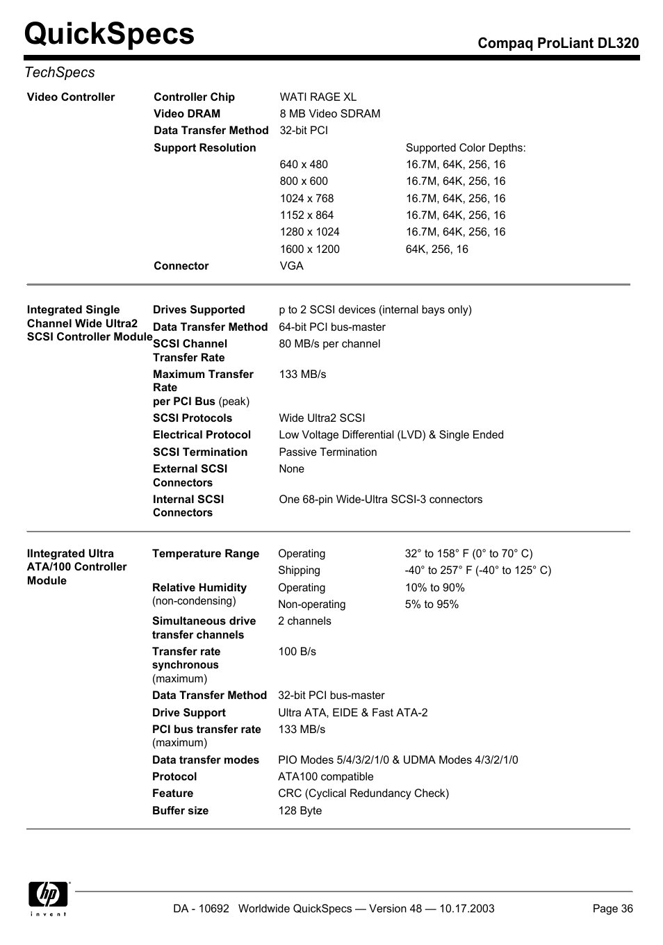 Quickspecs, Compaq proliant dl320 techspecs | HP COMPAQ PROLIANT DL320 User Manual | Page 36 / 37