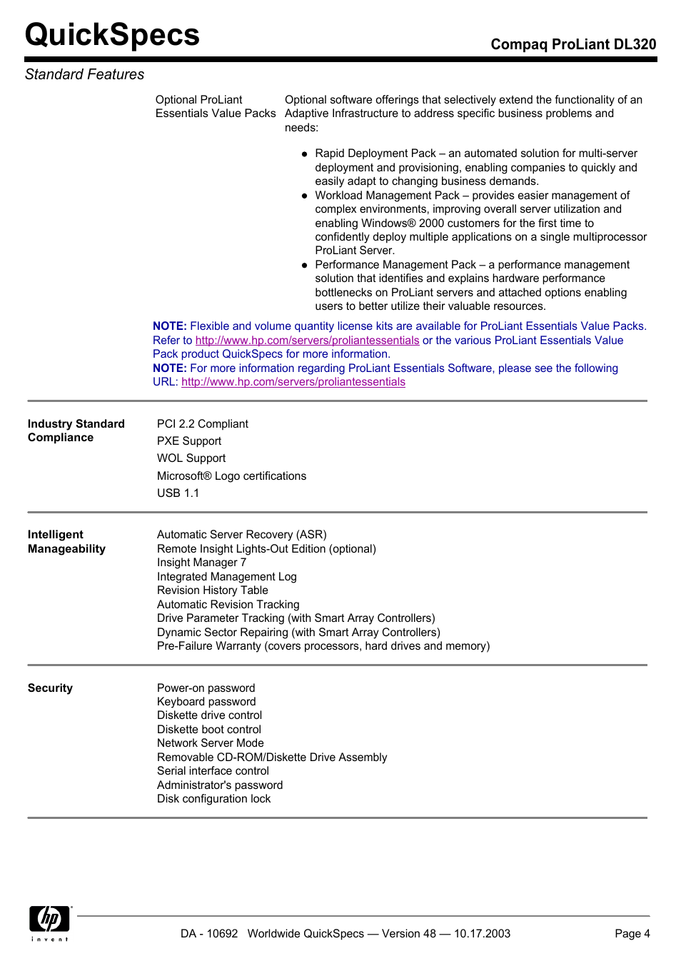 Quickspecs | HP COMPAQ PROLIANT DL320 User Manual | Page 4 / 37