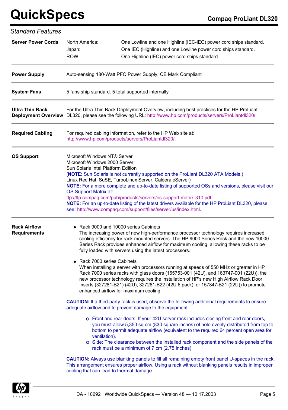 Quickspecs, Compaq proliant dl320 standard features | HP COMPAQ PROLIANT DL320 User Manual | Page 5 / 37
