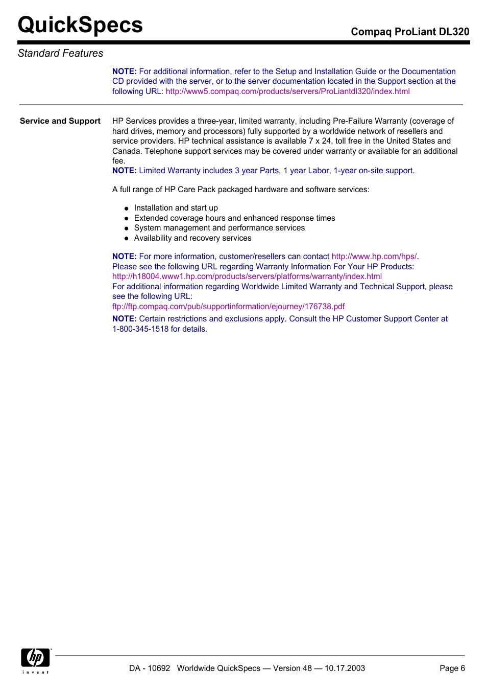 Quickspecs | HP COMPAQ PROLIANT DL320 User Manual | Page 6 / 37