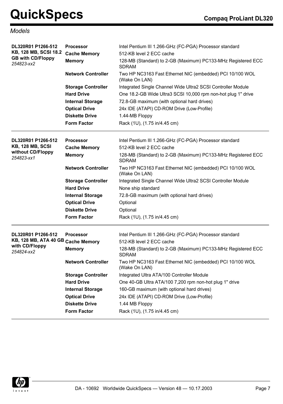 Models, Quickspecs, Compaq proliant dl320 models | HP COMPAQ PROLIANT DL320 User Manual | Page 7 / 37