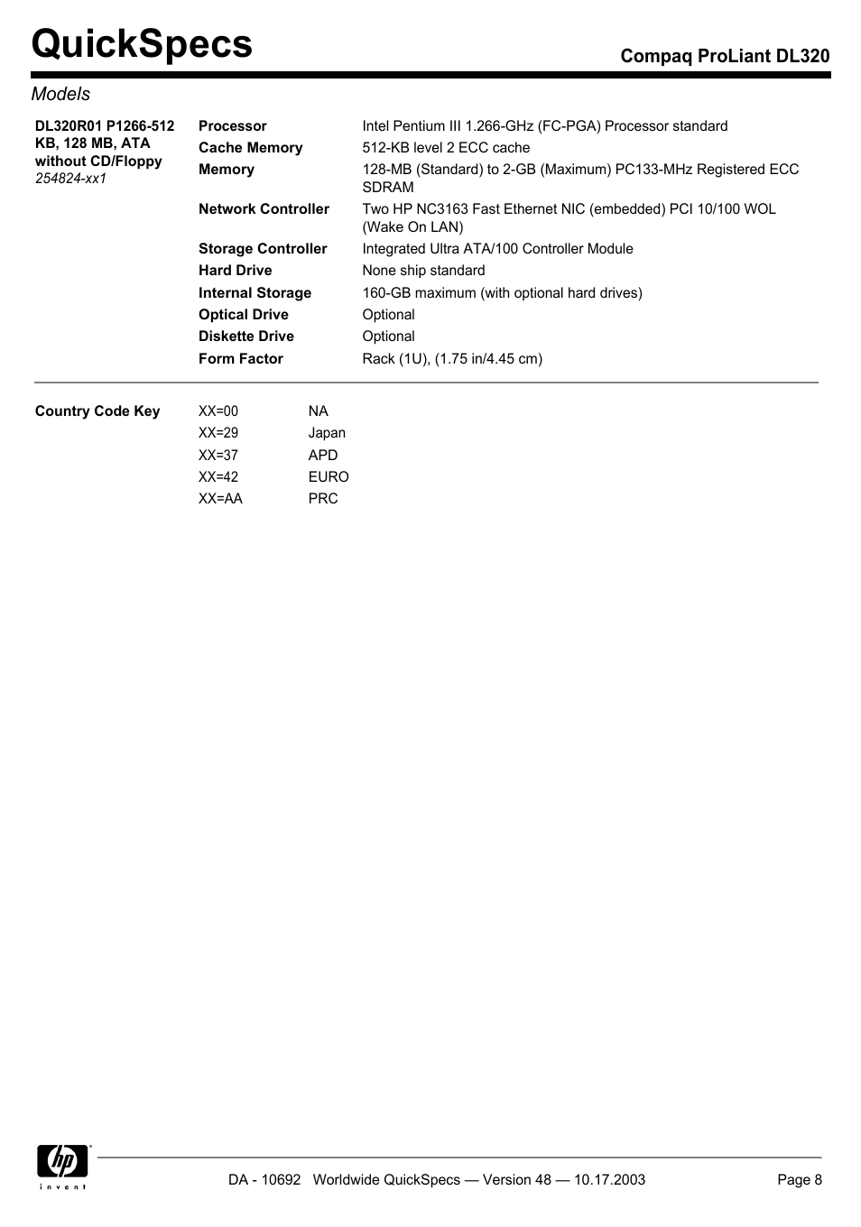 Quickspecs, Compaq proliant dl320 models | HP COMPAQ PROLIANT DL320 User Manual | Page 8 / 37