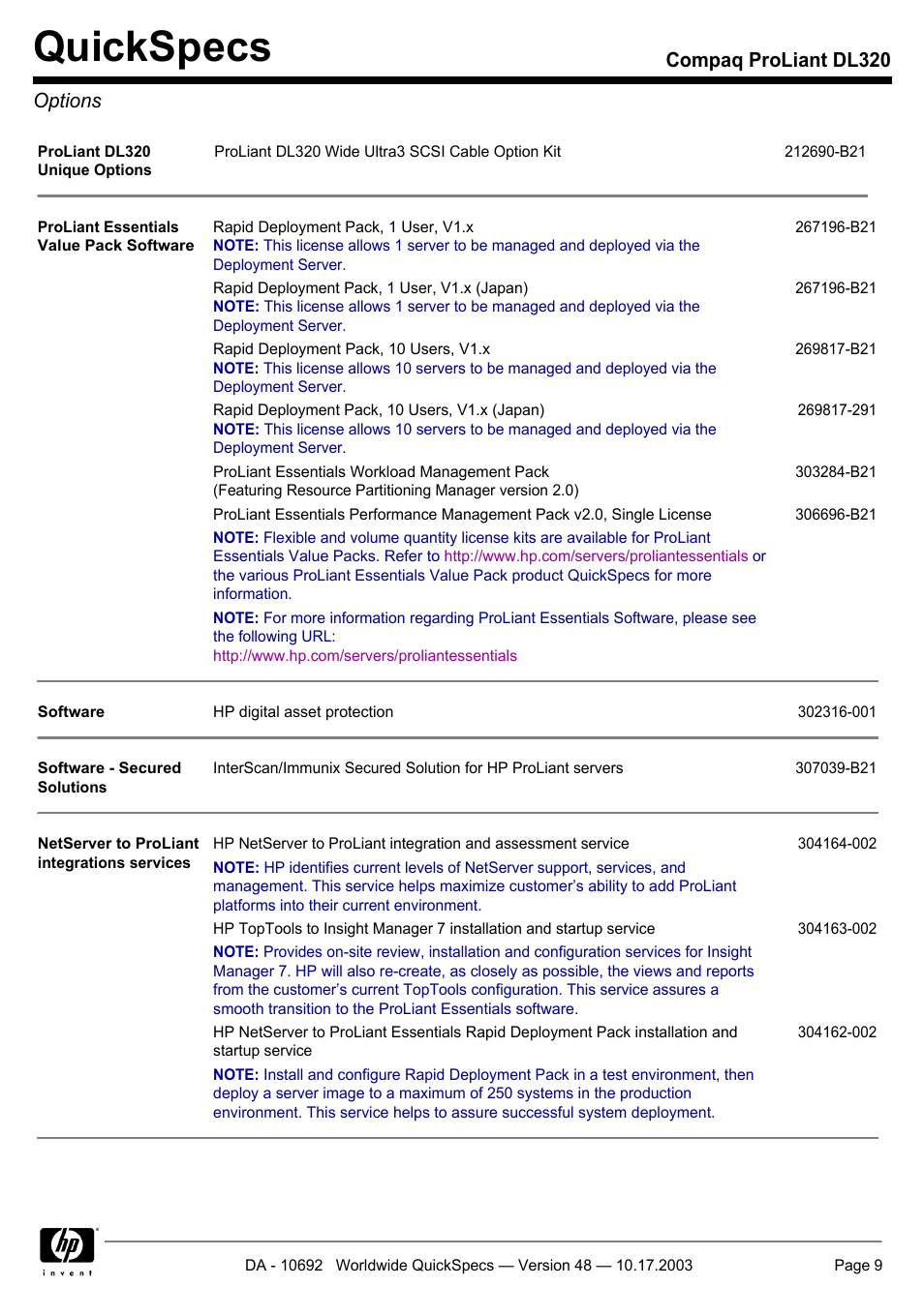 Options, Quickspecs, Compaq proliant dl320 options | HP COMPAQ PROLIANT DL320 User Manual | Page 9 / 37