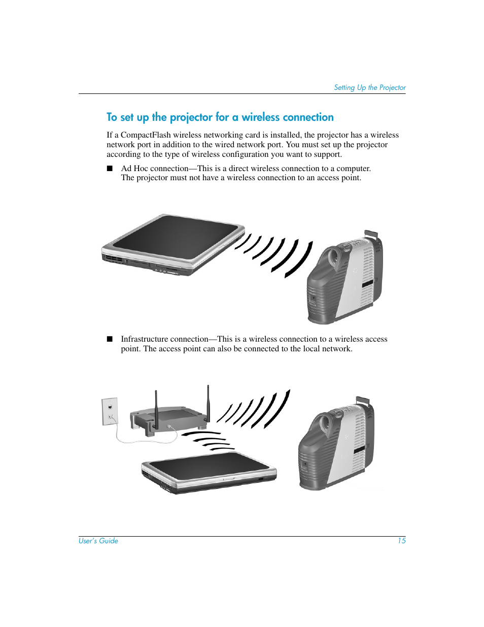 To set up the projector for a wireless connection | HP L1619A User Manual | Page 15 / 72