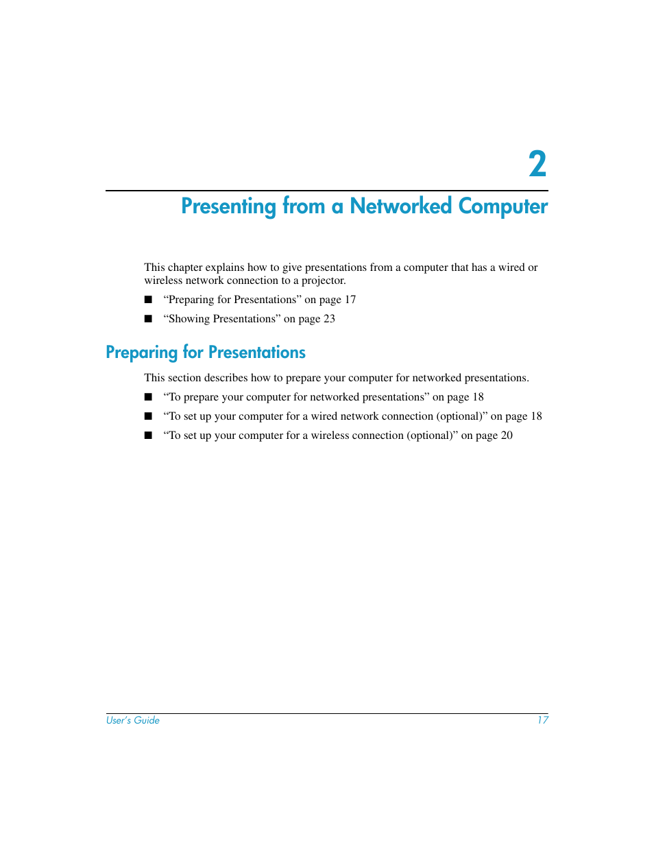 Presenting from a networked computer, 2 presenting from a networked computer, Preparing for presentations | HP L1619A User Manual | Page 17 / 72
