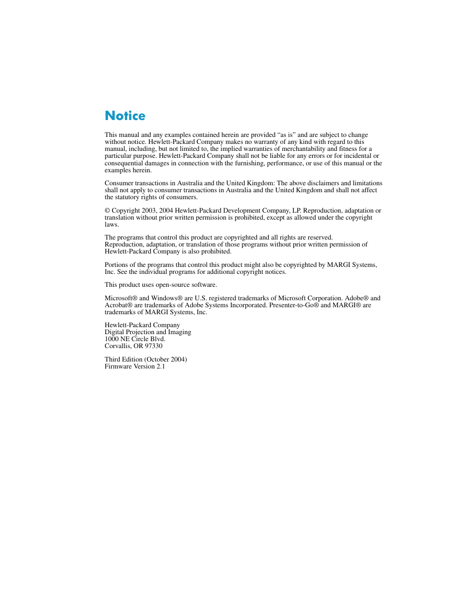 Notice | HP L1619A User Manual | Page 2 / 72