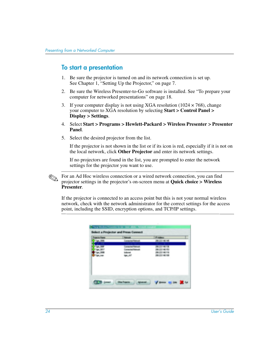 To start a presentation | HP L1619A User Manual | Page 24 / 72