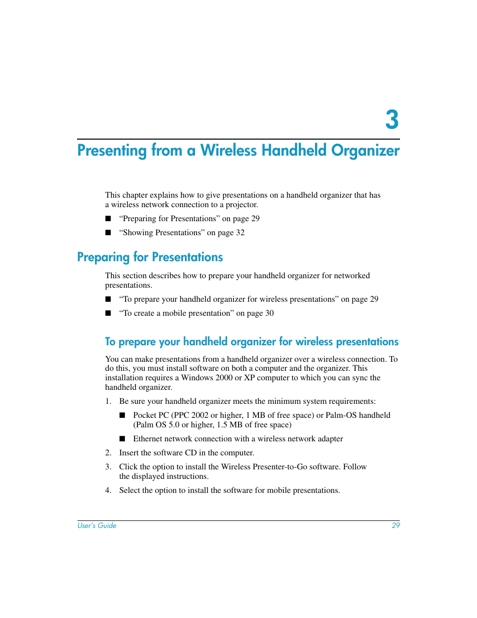 Presenting from a wireless handheld organizer, Preparing for presentations, 3 presenting from a wireless handheld organizer | HP L1619A User Manual | Page 29 / 72