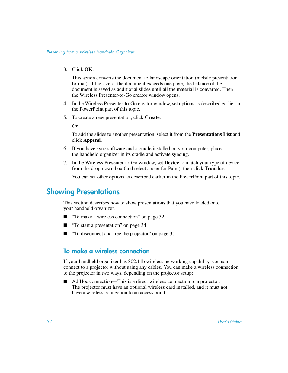 Showing presentations, To make a wireless connection | HP L1619A User Manual | Page 32 / 72