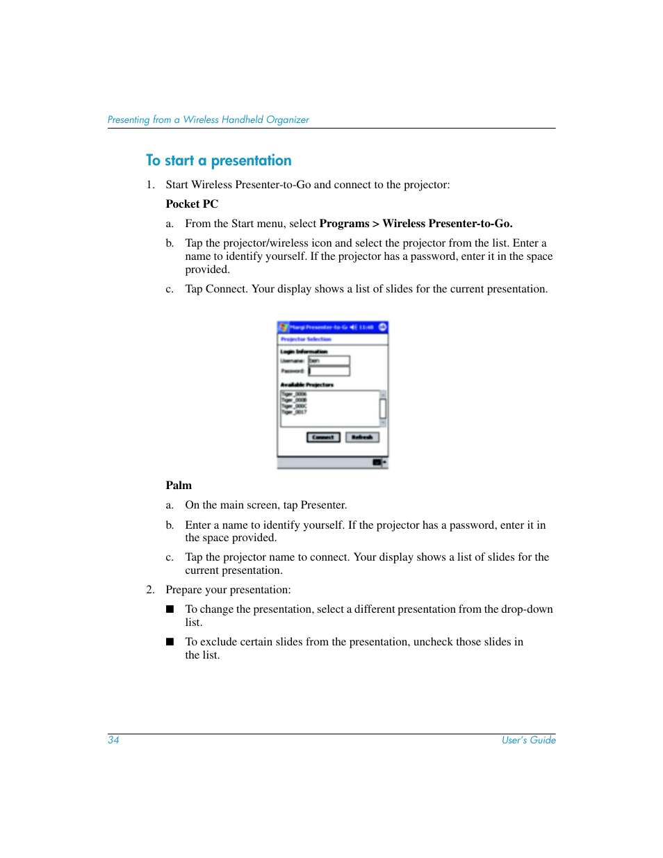 To start a presentation | HP L1619A User Manual | Page 34 / 72