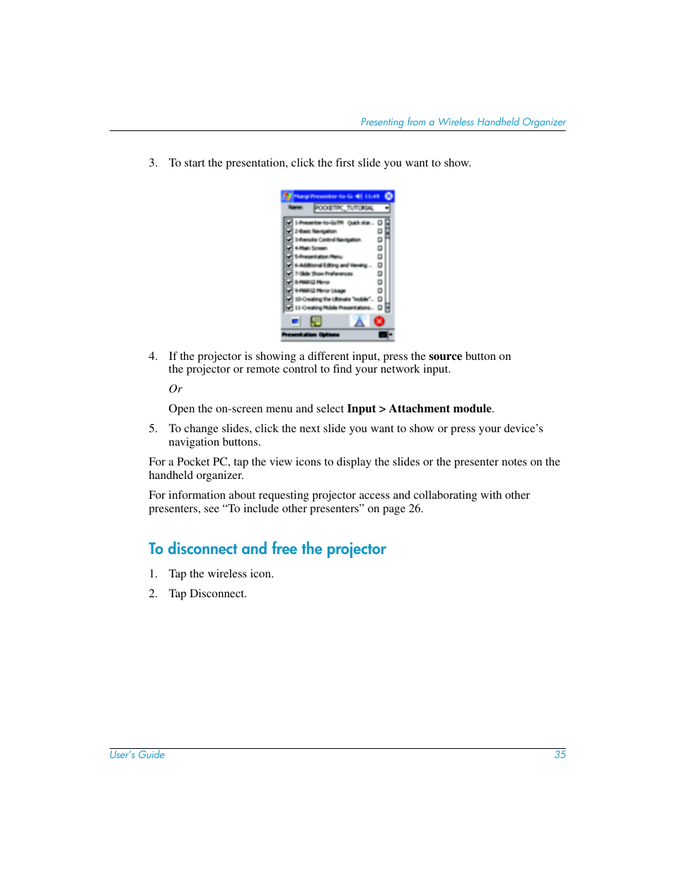 To disconnect and free the projector | HP L1619A User Manual | Page 35 / 72