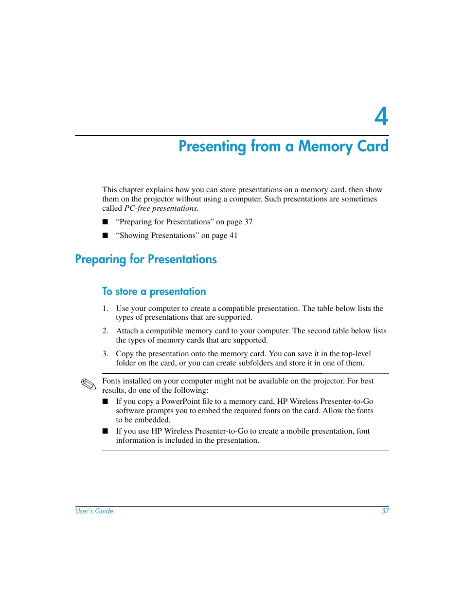 Presenting from a memory card, To store a presentation, 4 presenting from a memory card | Preparing for presentations | HP L1619A User Manual | Page 37 / 72