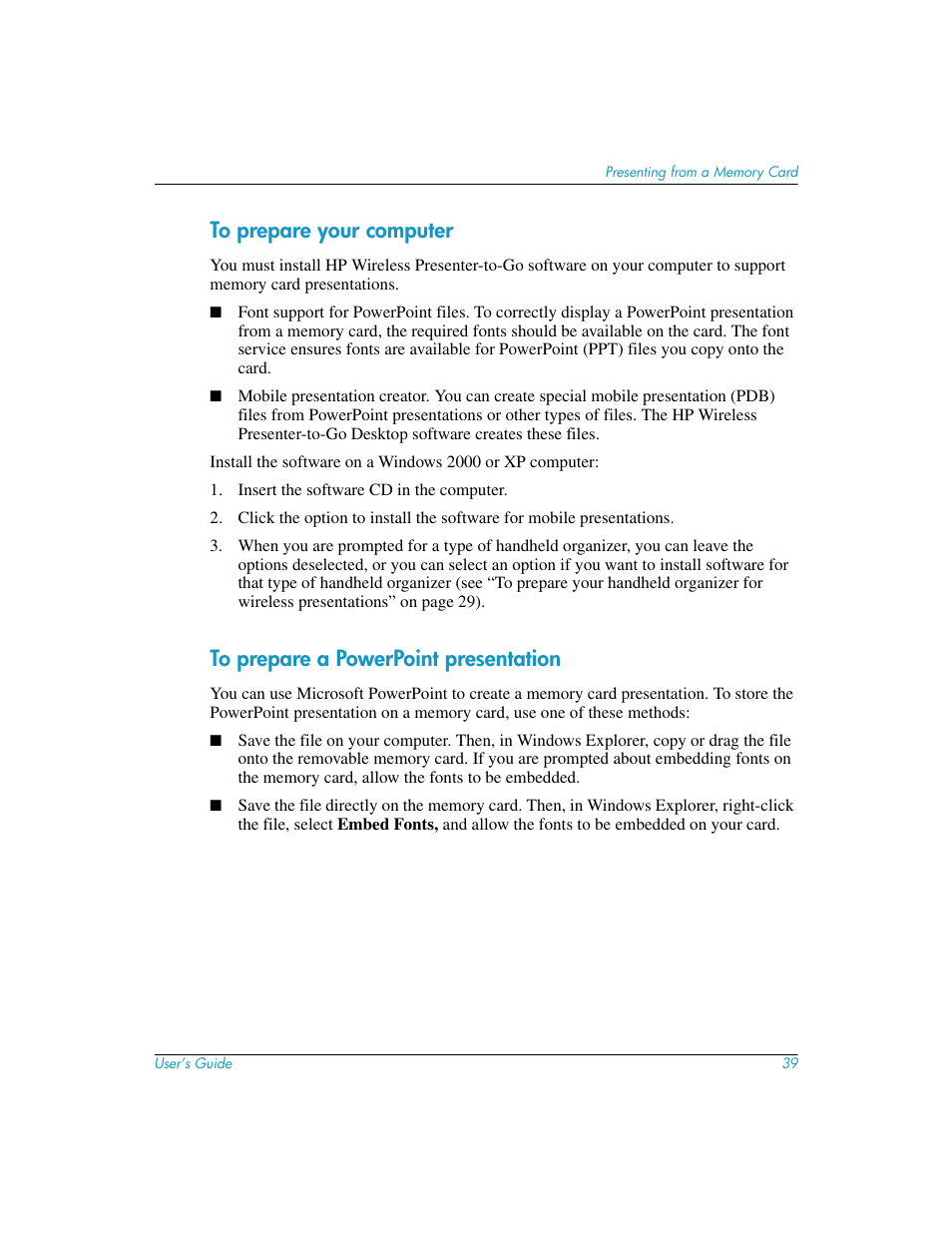 To prepare your computer, To prepare a powerpoint presentation | HP L1619A User Manual | Page 39 / 72